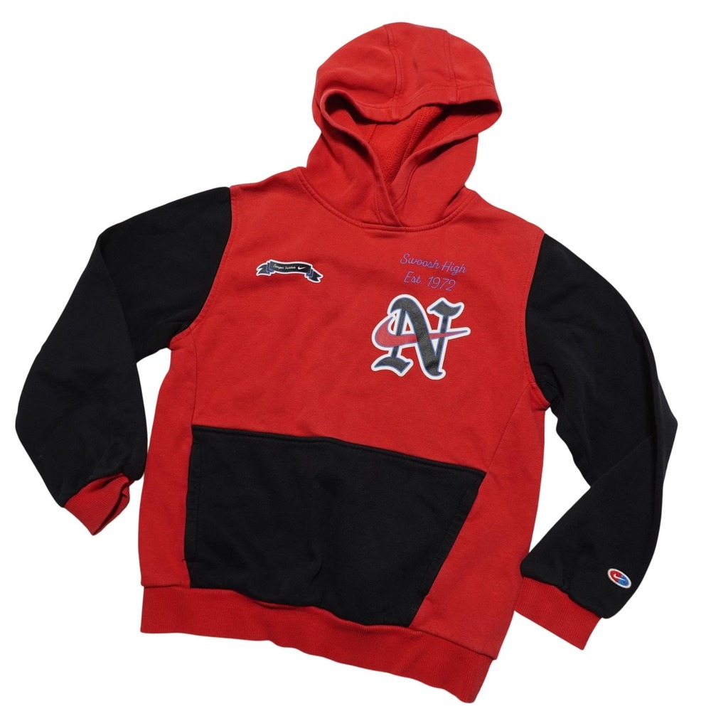Nike Hoodie Sweatshirt Youth Large Red Black Fleece Pullover Swoosh High Graphic